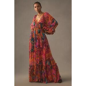 FARM RIO Vintage Wave Maxi Dress Long Sleeve Multicolor V Neck Women's M